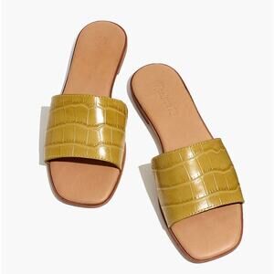Madewell The Lianne Slide in Croc Embossed Leather - Yellow Green Tan - Size 5.5